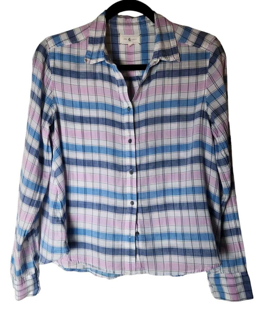 Lou and Grey Womens Sz XS Blue White Pink Plaid Long Sleeve Button Up Shirt Top